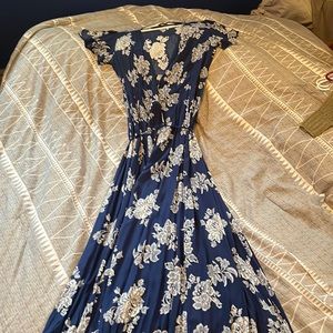 Lulus, Long Wrap-Around Dress, Navy Blue & White Floral